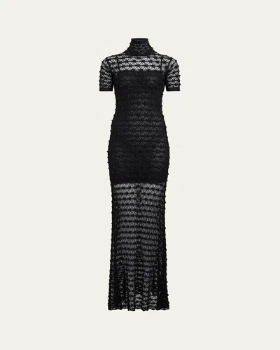 ALAÏA MOCK-NECK SHORT-SLEEVE SHEER LACE GOWN