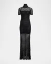 Alaïa Mock-neck Short-sleeve Sheer Lace Gown In Noir Alaia