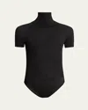 Alaïa Mock-neck Short-sleeve Wool Bodysuit In Noir Alaia