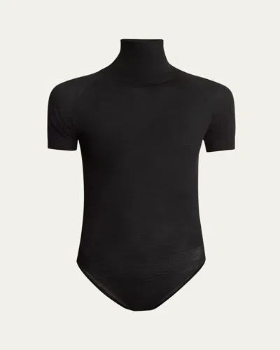 Alaïa Mock-neck Short-sleeve Wool Bodysuit In Noir Alaia