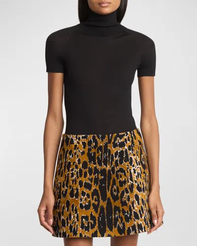Alaïa Mock-neck Short-sleeve Wool Bodysuit In Noir Alaia