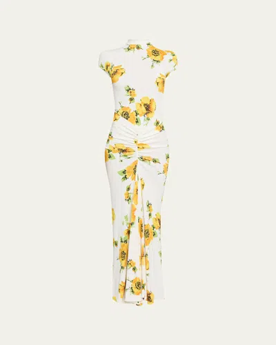 Alaïa Mock-neck Draped Floral Jersey Cap-sleeve Maxi Dress In Yellow