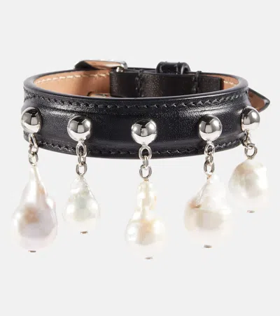 Alaïa Mother-of-pearl Leather Bracelet In Black