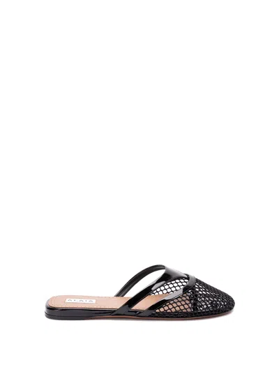 Alaïa Fishnet And Leather Flip Flops Flat Mules Shoes In Multi