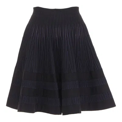 Pre-owned Alaïa Alaia Navy Black Virgin Wool Silk Blend High Waist Flared Knitted Skirt It36 Xxs In Blue