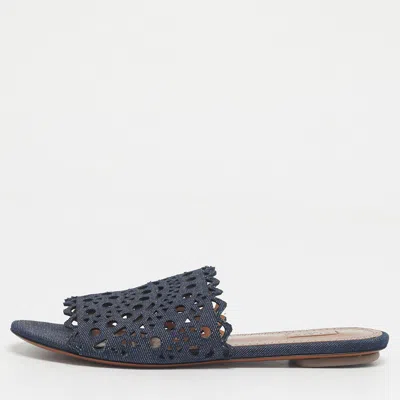 Pre-owned Alaïa Navy Blue Laser Cut Denim Flat Sandals Size 40