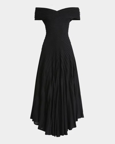 Alaïa Off-shoulder Sculpting Line Flared Wool Maxi Dress In Noir Alaia
