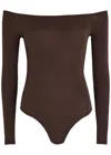Alaïa Off-the-shoulder Stretch-nylon Bodysuit In Brown