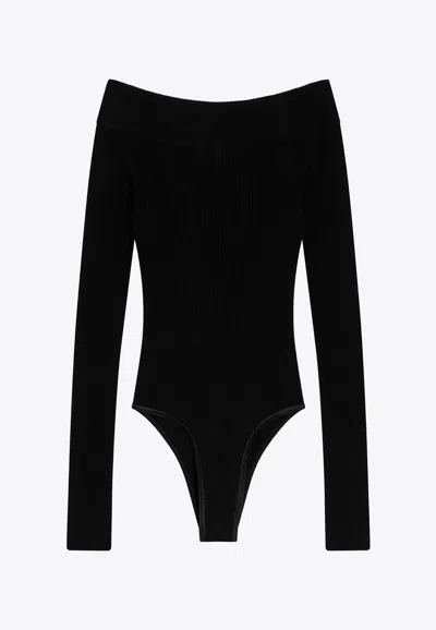 Alaïa Alaia Shaping Ribbed Knit Offshoulder Bodysuit In Black