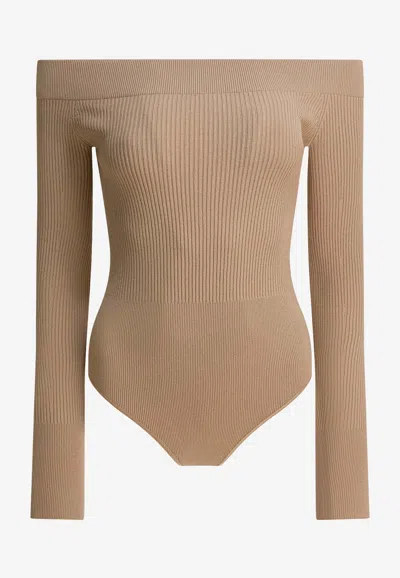 Alaïa Off-shoulder Stretch-knit Bodysuit In Brown