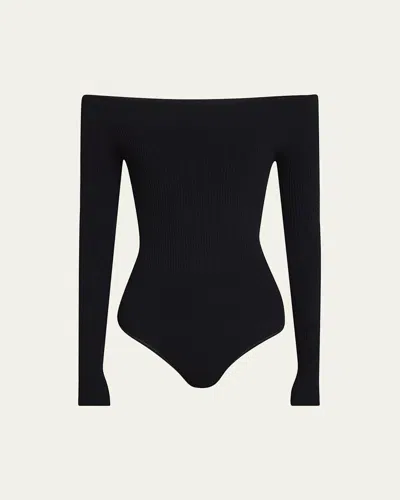 Alaïa Off-the-shoulder Long-sleeve Rib Bodysuit In Black