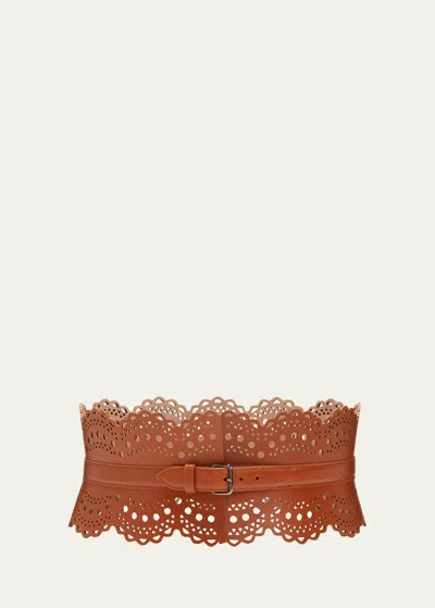 Alaïa Openwork Wide Leather Vienne Corset Belt In Brown