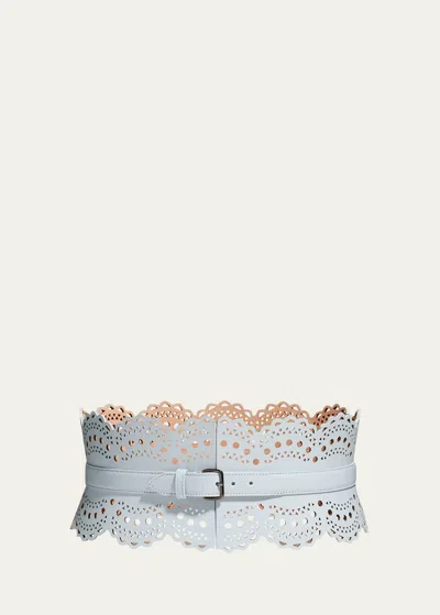 Alaïa Openwork Wide Leather Vienne Corset Belt In Blue