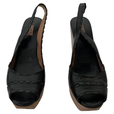 Pre-owned Alaïa Alaia Paris Leather And Wood Platform Wedge Sandals, Size 40 In Black
