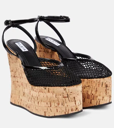 Alaïa Patent Leather And Mesh Wedge Sandals In Black