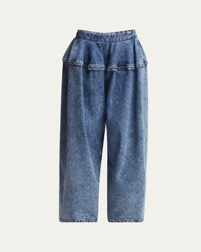 Alaïa Peplum Denim Baggy Pants In Bleu Neige