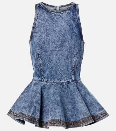 Alaïa Peplum Denim Top Fitted Waist Sleeveless In Blue