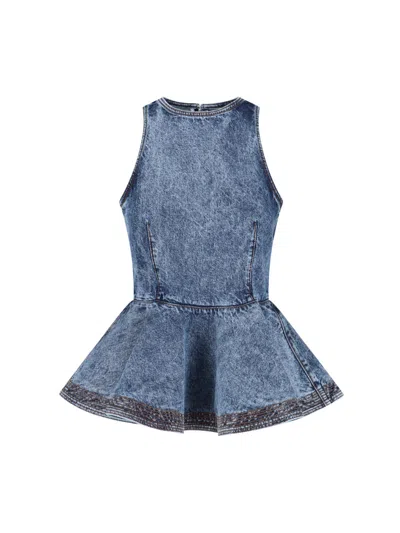 Alaïa Alaia Peplum Halterneck Top With Ruched Hem And Fitted Waist In Blue