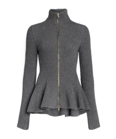 Alaïa Peplum Knitted Cardigan In Gray
