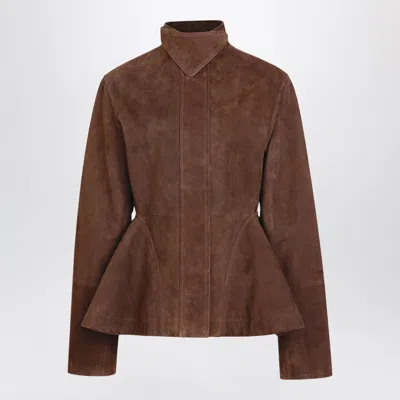 Alaïa Alaia Peplum Suede Mini Jacket In Soft Goat Leather In Brown