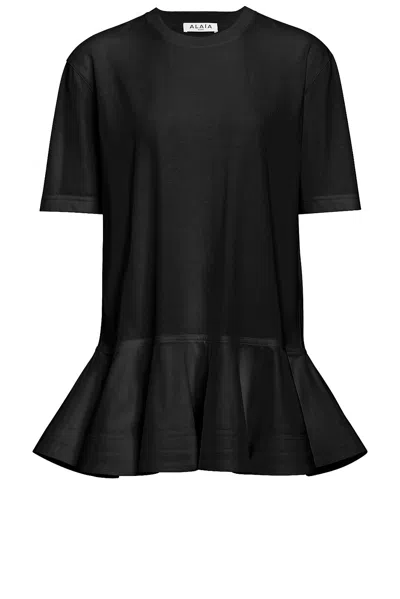 Alaïa Oversized Poplin-trimmed Cotton-jersey Peplum T-shirt In Black