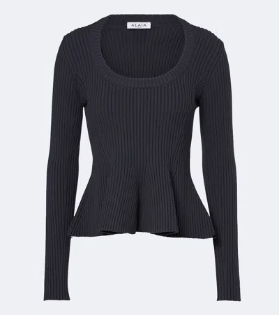 Alaïa Peplum Wool-blend Top In Gray