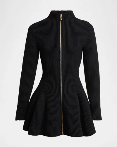 ALAÏA PEPLUM ZIP-UP WOOL CASHMERE CARDIGAN