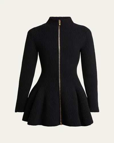 ALAÏA PEPLUM ZIP-UP WOOL CASHMERE CARDIGAN