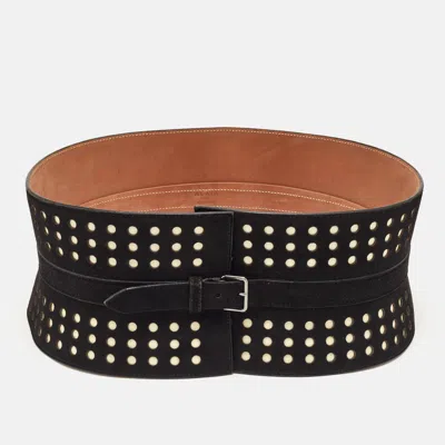 Pre-owned Alaïa Perforated 80cm Black/white Suede And Patent Leather Corset Belt In Blue