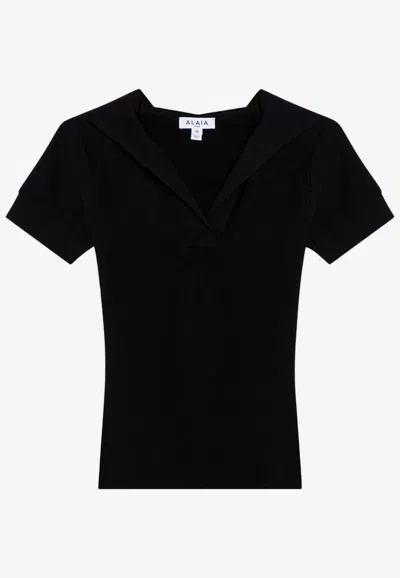Alaïa Piqué Hooded V-neck T-shirt In Black