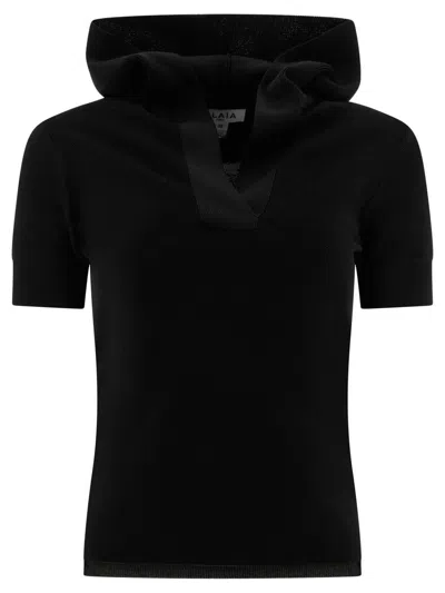 Alaïa Pique Knit Hooded Top T-shirts In Black