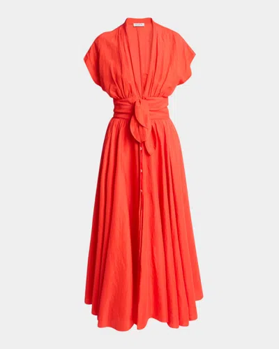 Alaïa Plunging Belted Linen Midi Dress In Red