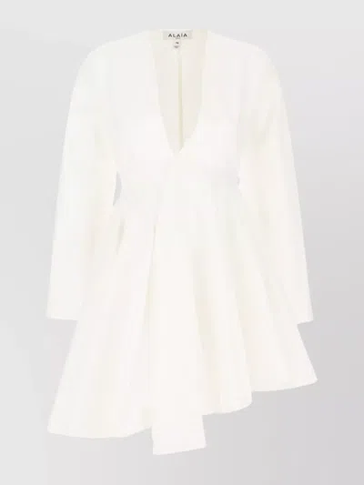 Alaïa Poplin Dress With Long Sleeves And V-neck In White