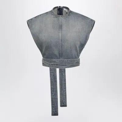 ALAÏA ALAIA RAW DÉLAVÉ DENIM BELTED SLEEVELESS TOP IN BLUE