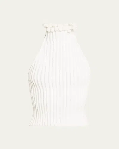 ALAÏA RIBBED KNIT CURLED TRIM HALTER TOP