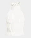 Alaïa Ribbed Knit Curled Trim Halter Top In White