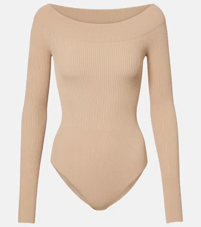 Alaïa Ribbed-knit Off-shoulder Bodysuit In Neutral