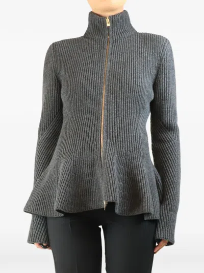 Pre-owned Alaïa Ribbed Peplum Cardigan In Gray