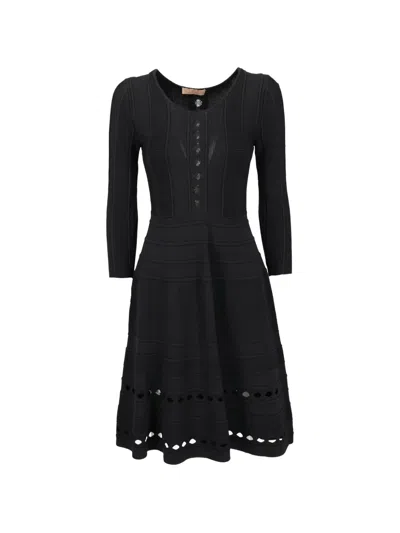 Pre-owned Alaïa Ribbed-knit Lace-up Midi Dress In Black