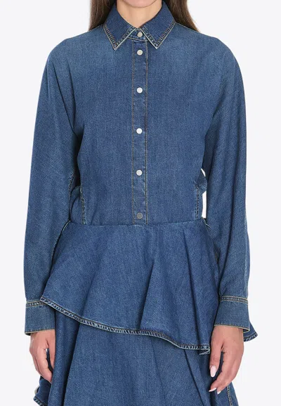 Alaïa Round Long-sleeved Denim Shirt In Blue