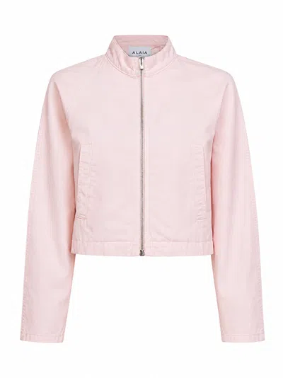Alaïa Rounded Raglan Cotton Denim Jacket In Pink