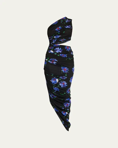 Alaïa Ruched Floral Jersey Cutout Asymmetric Midi Dress In Black