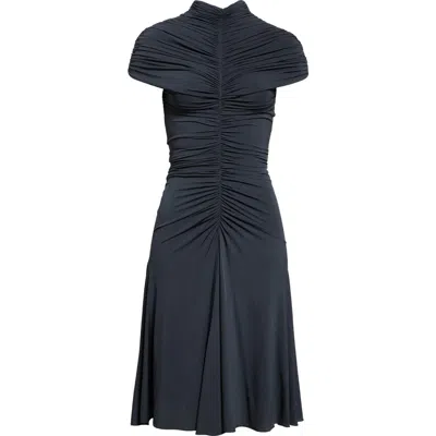 Alaïa Ruched Mock Neck Jersey Fit & Flare Dress In Ardoise