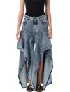 Alaïa Wide Leg Ruffle Hem Cotton Trousers In Blue