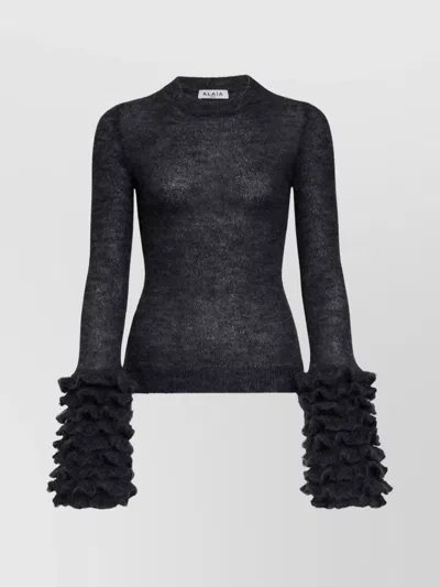 Alaïa Ruffled Cuff Knit Jumper With Crew Neck In Black