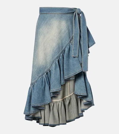 Alaïa Denim Ruffle Wrap Skirt Asymmetric Cut In Brown