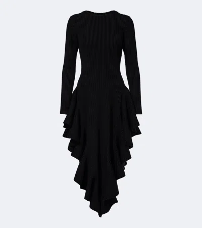 Alaïa Ruffled Ribbed Wool-blend Midi Dress In Black