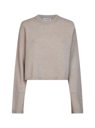ALAÏA SAND CASHMERE KNIT BOXY SWEATER