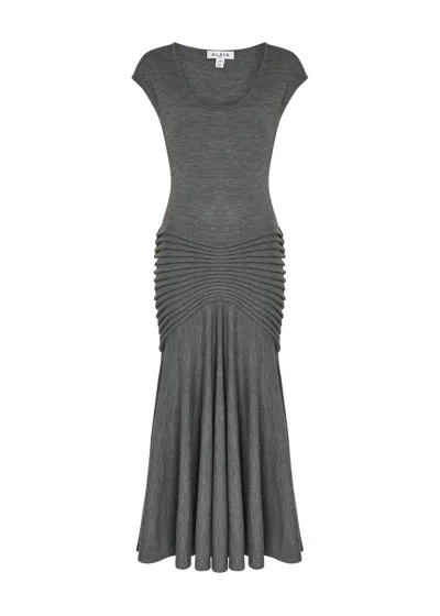 Alaïa Sculpting Ruched Wool Midi Dress In Gray