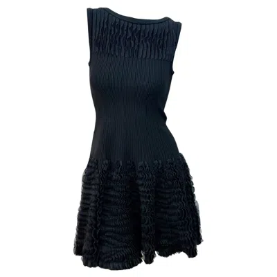 Pre-owned Alaïa Sculptural Black Ribbed Knit Dress With Textured Ruffle Skirt Fr 38